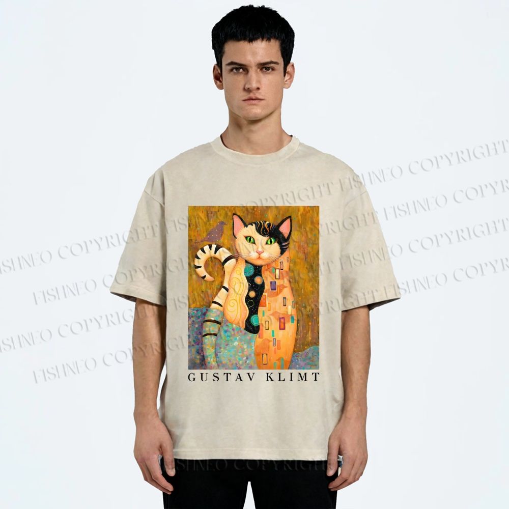 Unisex Klimt Funny Cat Printed Washed Tee