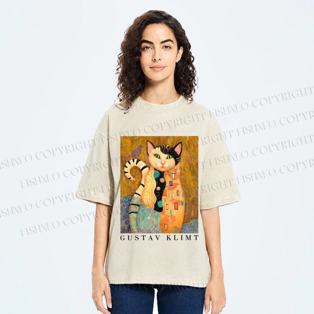 Unisex Klimt Funny Cat Printed Washed Tee