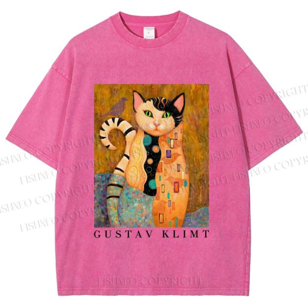 Unisex Klimt Funny Cat Printed Washed Tee