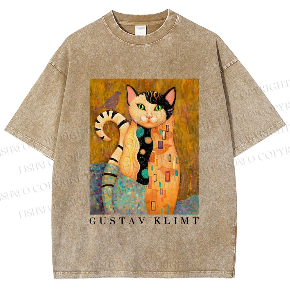 Unisex Klimt Funny Cat Printed Washed Tee
