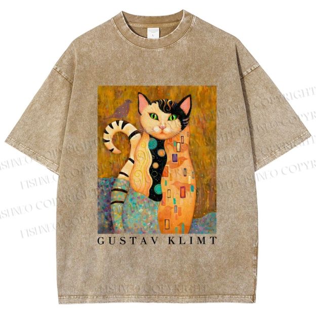 Unisex Klimt Funny Cat Printed Washed Tee