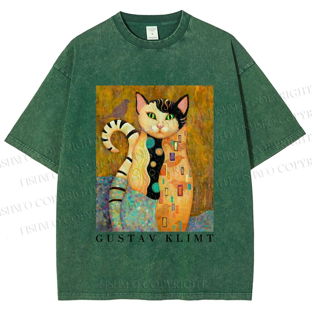 Unisex Klimt Funny Cat Printed Washed Tee