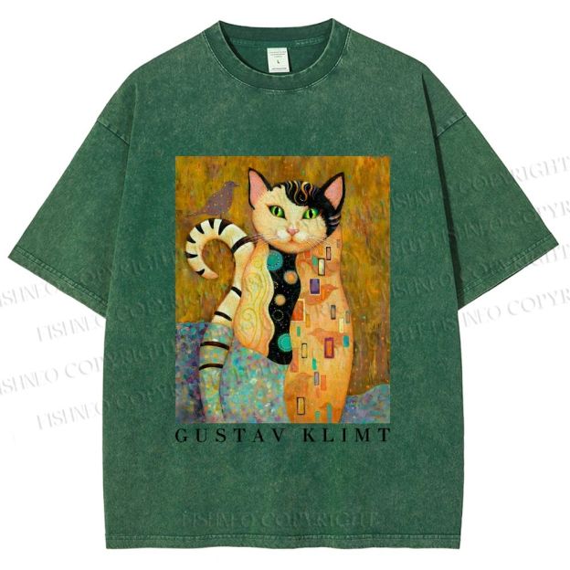 Unisex Klimt Funny Cat Printed Washed Tee