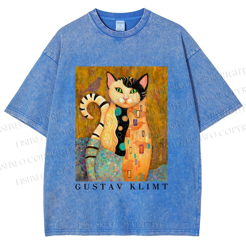 Unisex Klimt Funny Cat Printed Washed Tee