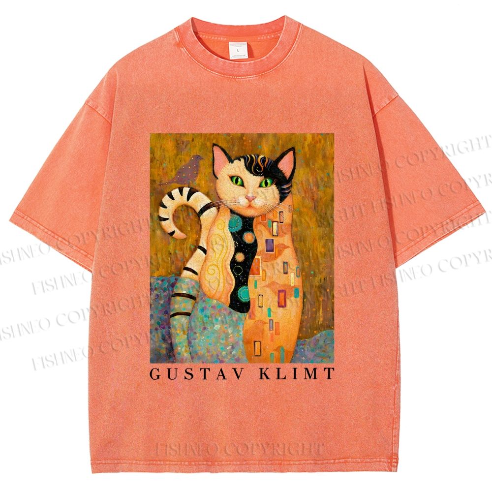 Unisex Klimt Funny Cat Printed Washed Tee