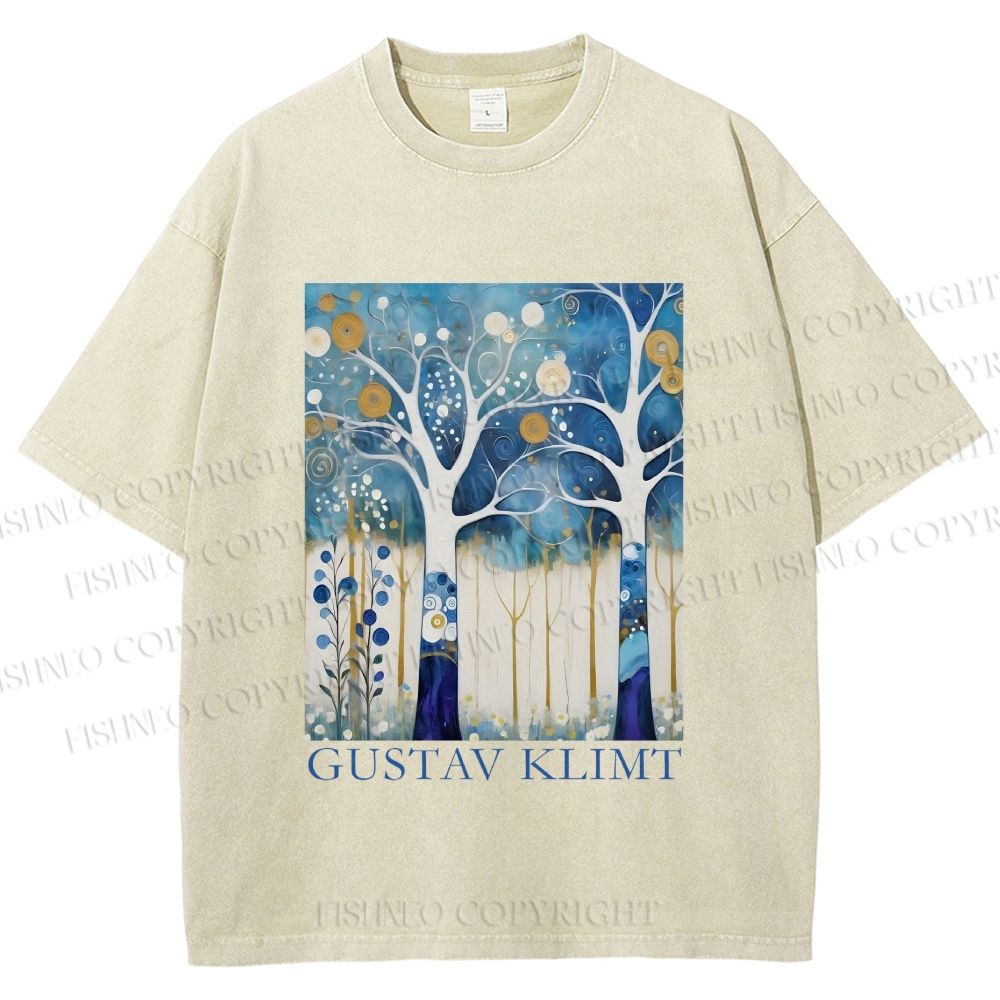 Unisex Klimt Blue Wood Printed Washed Tee