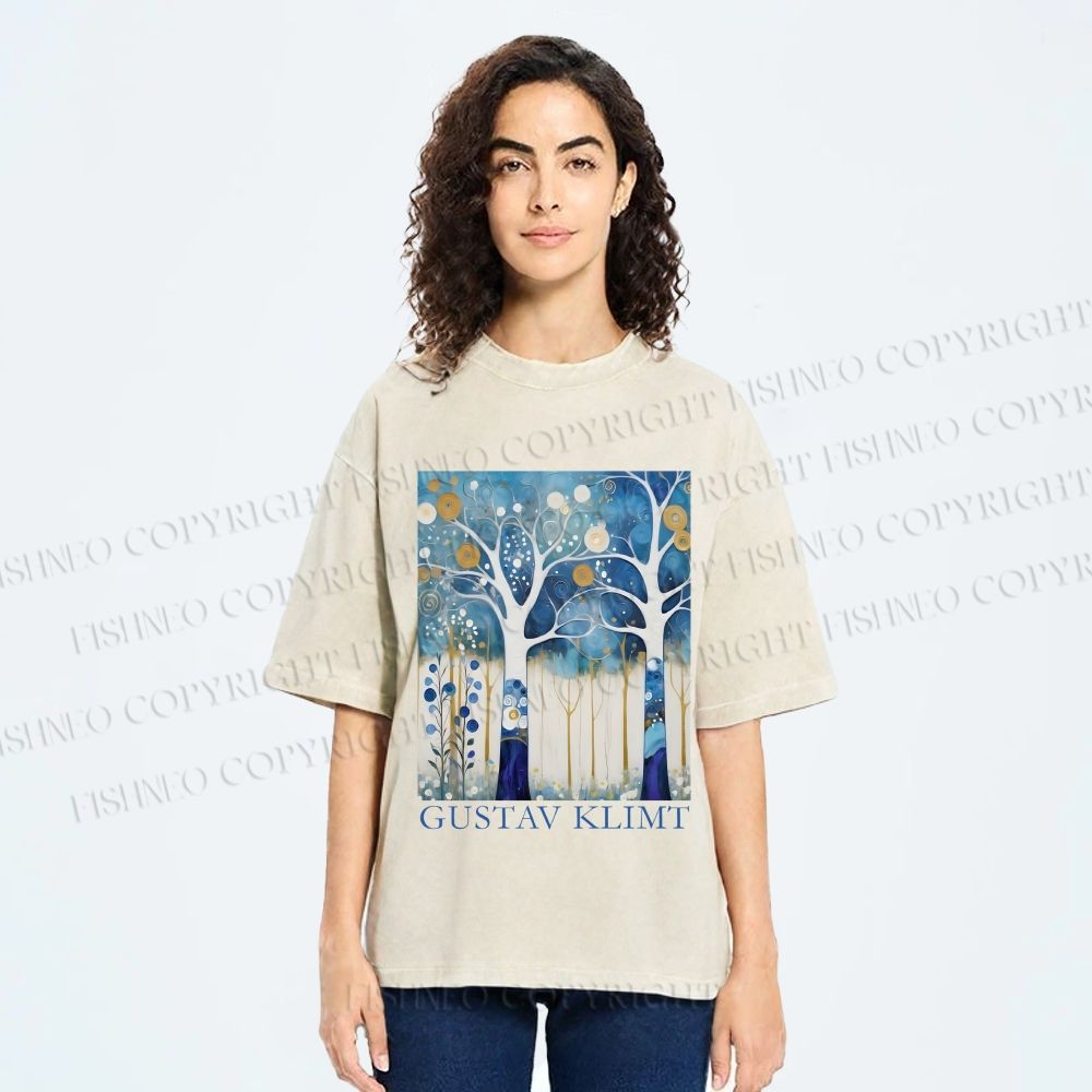 Unisex Klimt Blue Wood Printed Washed Tee