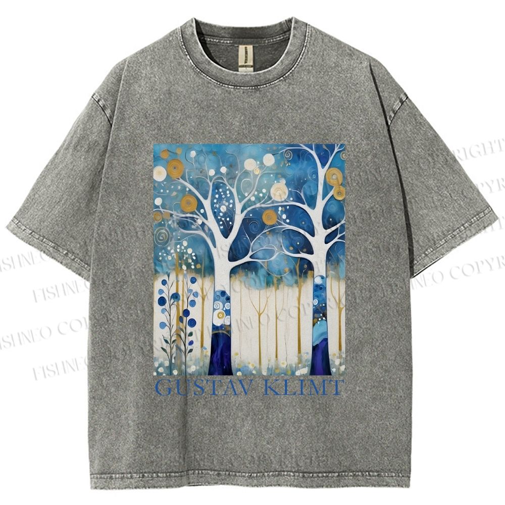 Unisex Klimt Blue Wood Printed Washed Tee
