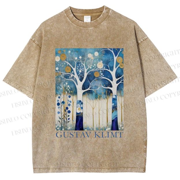 Unisex Klimt Blue Wood Printed Washed Tee