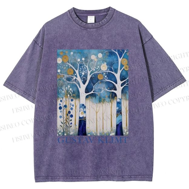 Unisex Klimt Blue Wood Printed Washed Tee