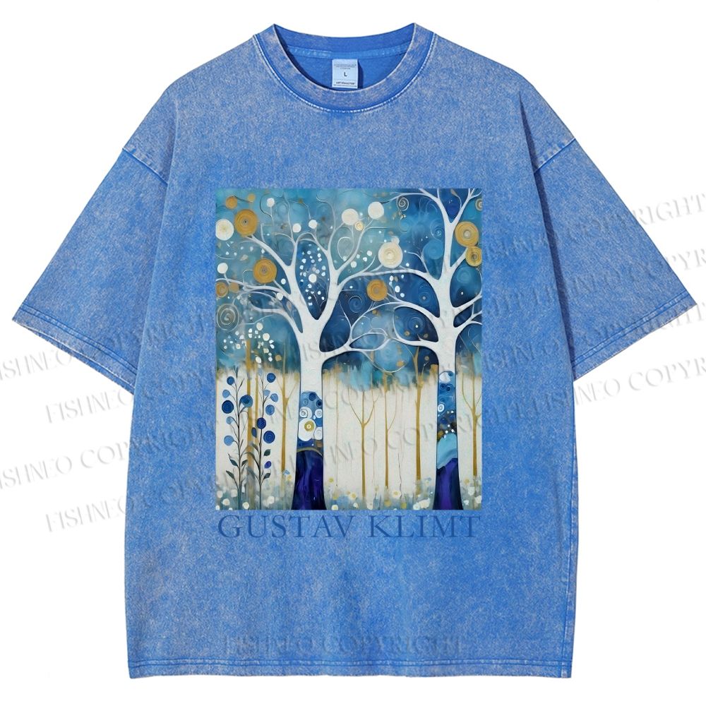 Unisex Klimt Blue Wood Printed Washed Tee