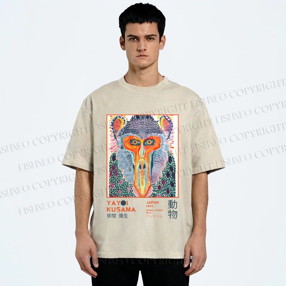 Unisex Yayoi Kusama Multicolor Monkey Printed Washed Tee