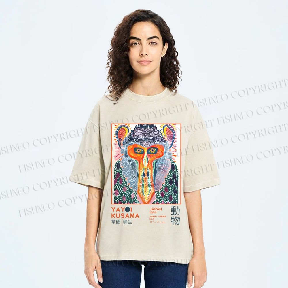 Unisex Yayoi Kusama Multicolor Monkey Printed Washed Tee