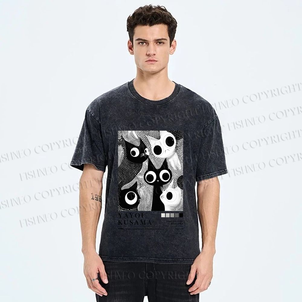 Unisex Yayoi Kusama Cat Printed Washed Tee