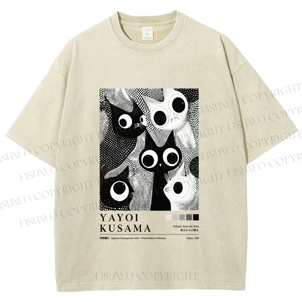 Unisex Yayoi Kusama Cat Printed Washed Tee
