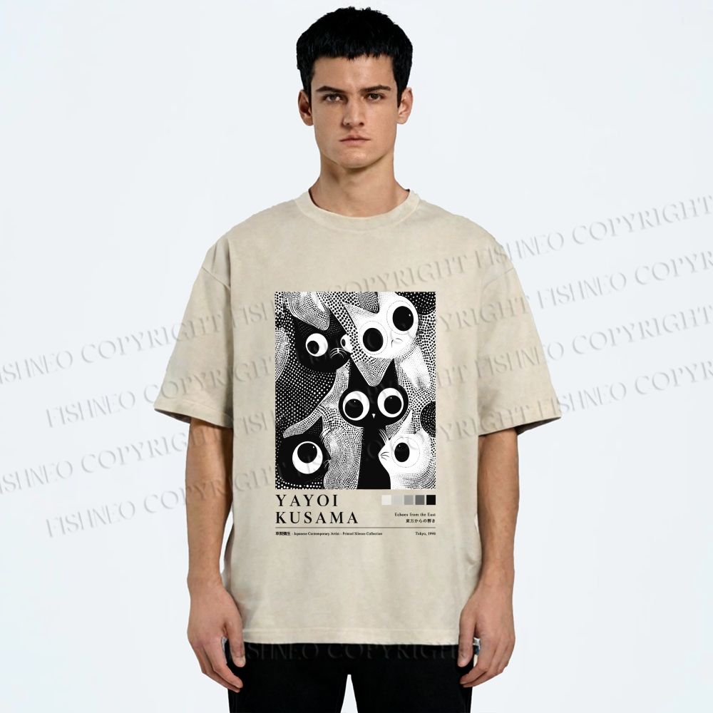 Unisex Yayoi Kusama Cat Printed Washed Tee