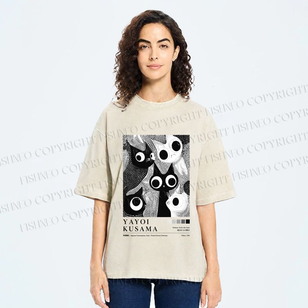 Unisex Yayoi Kusama Cat Printed Washed Tee