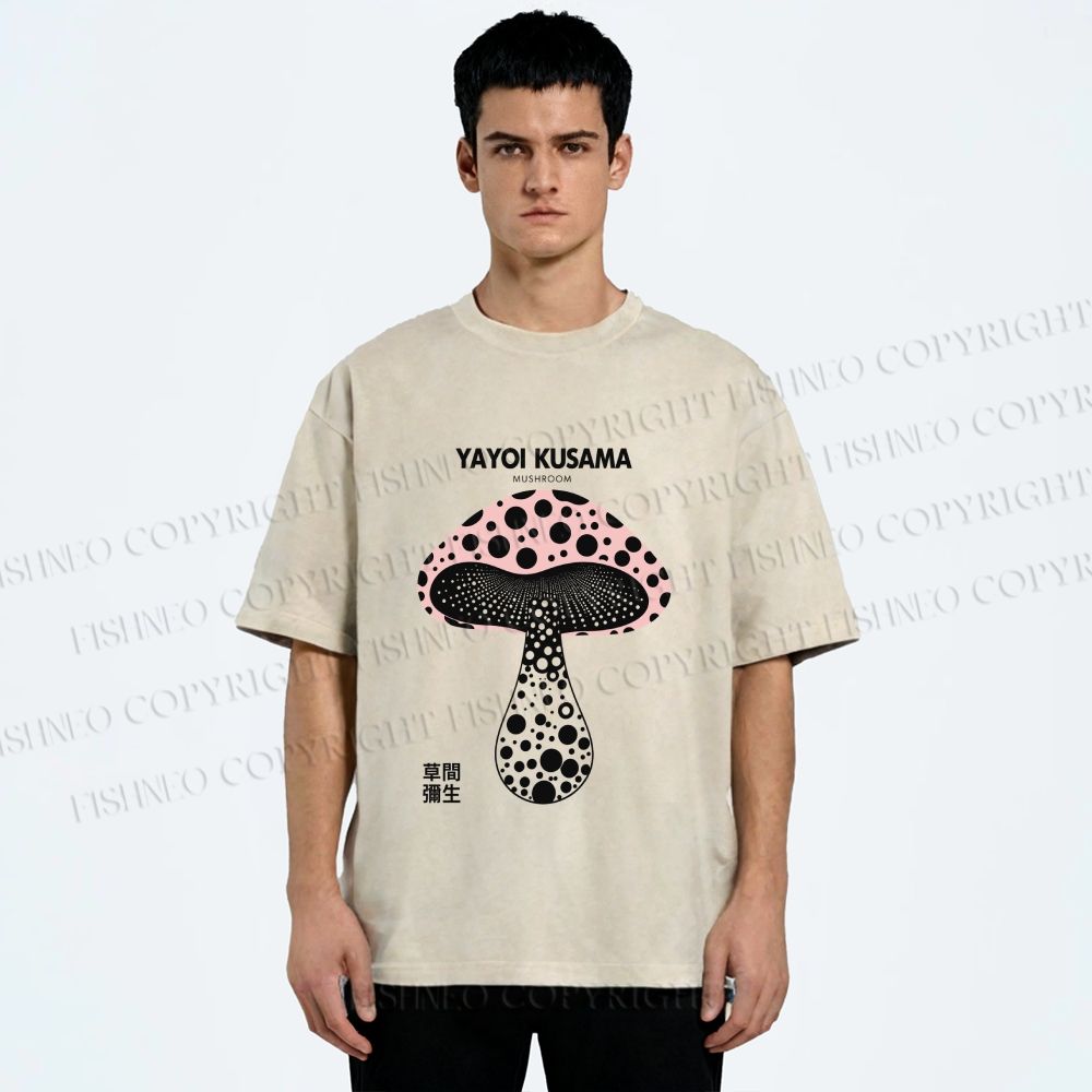 Unisex Yayoi Kusama Mushroom Printed Washed Tee