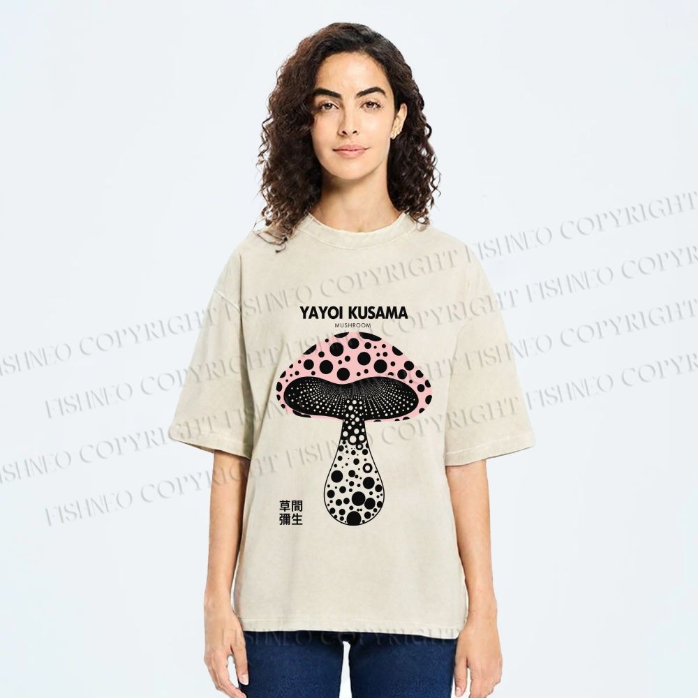 Unisex Yayoi Kusama Mushroom Printed Washed Tee