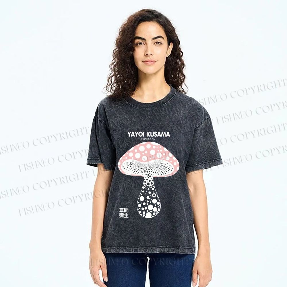 Unisex Yayoi Kusama Mushroom Printed Washed Tee