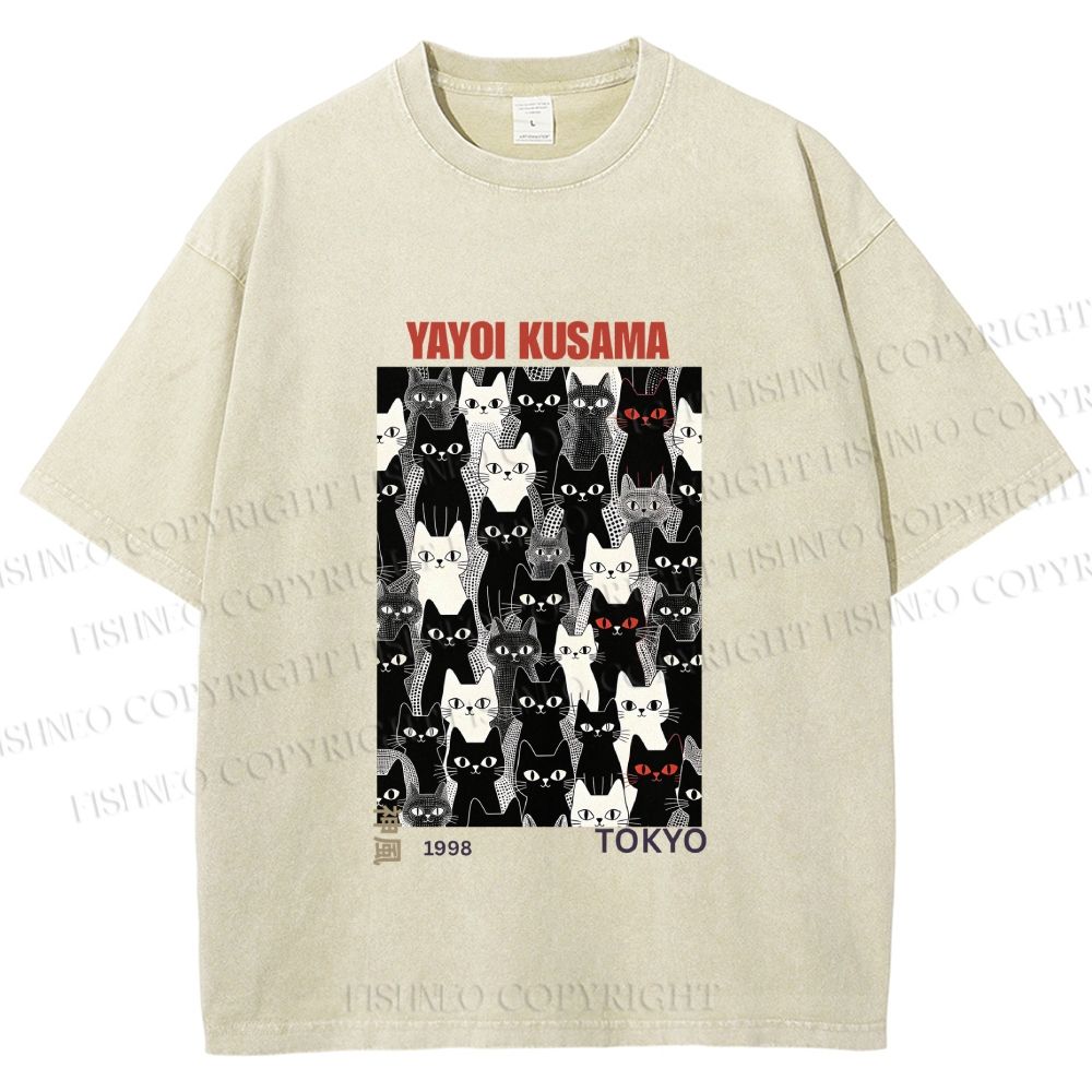 Unisex Yayoi Kusama Cat Printed Washed Tee