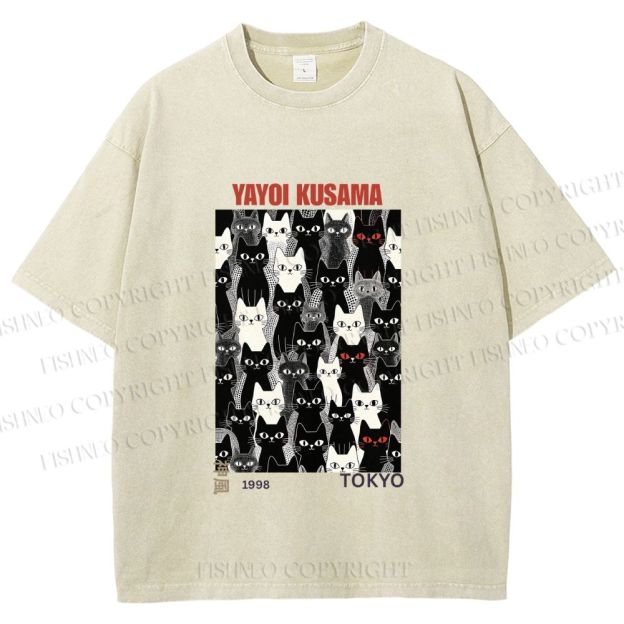Unisex Yayoi Kusama Cat Printed Washed Tee