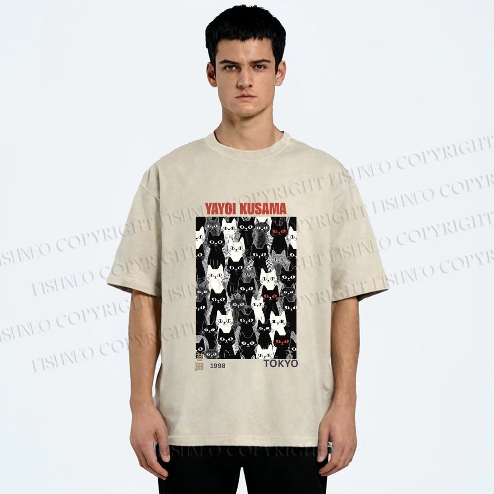 Unisex Yayoi Kusama Cat Printed Washed Tee