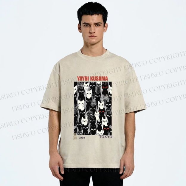 Unisex Yayoi Kusama Cat Printed Washed Tee