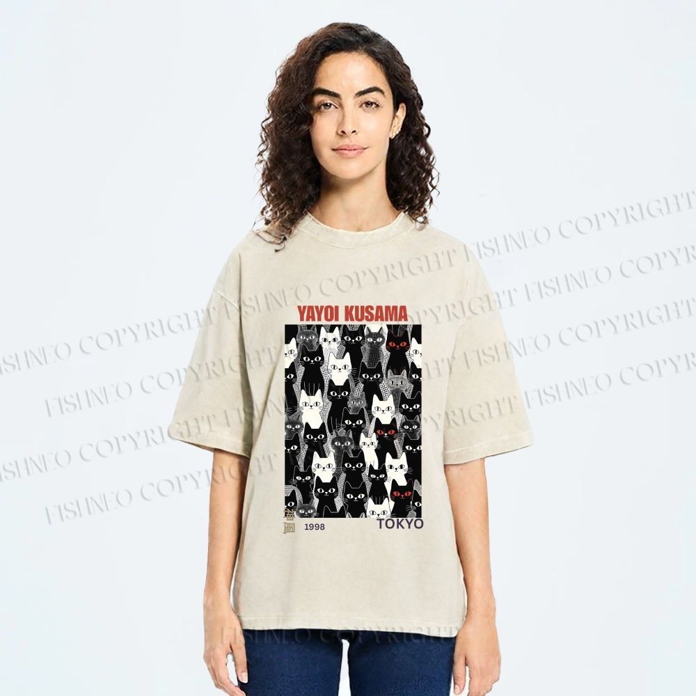 Unisex Yayoi Kusama Cat Printed Washed Tee