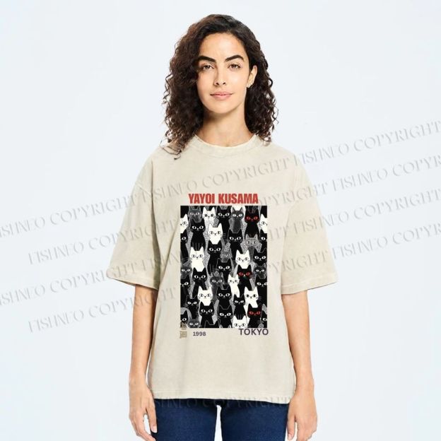 Unisex Yayoi Kusama Cat Printed Washed Tee