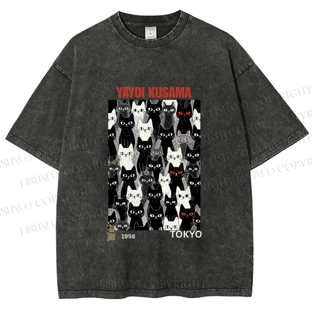 Unisex Yayoi Kusama Cat Printed Washed Tee