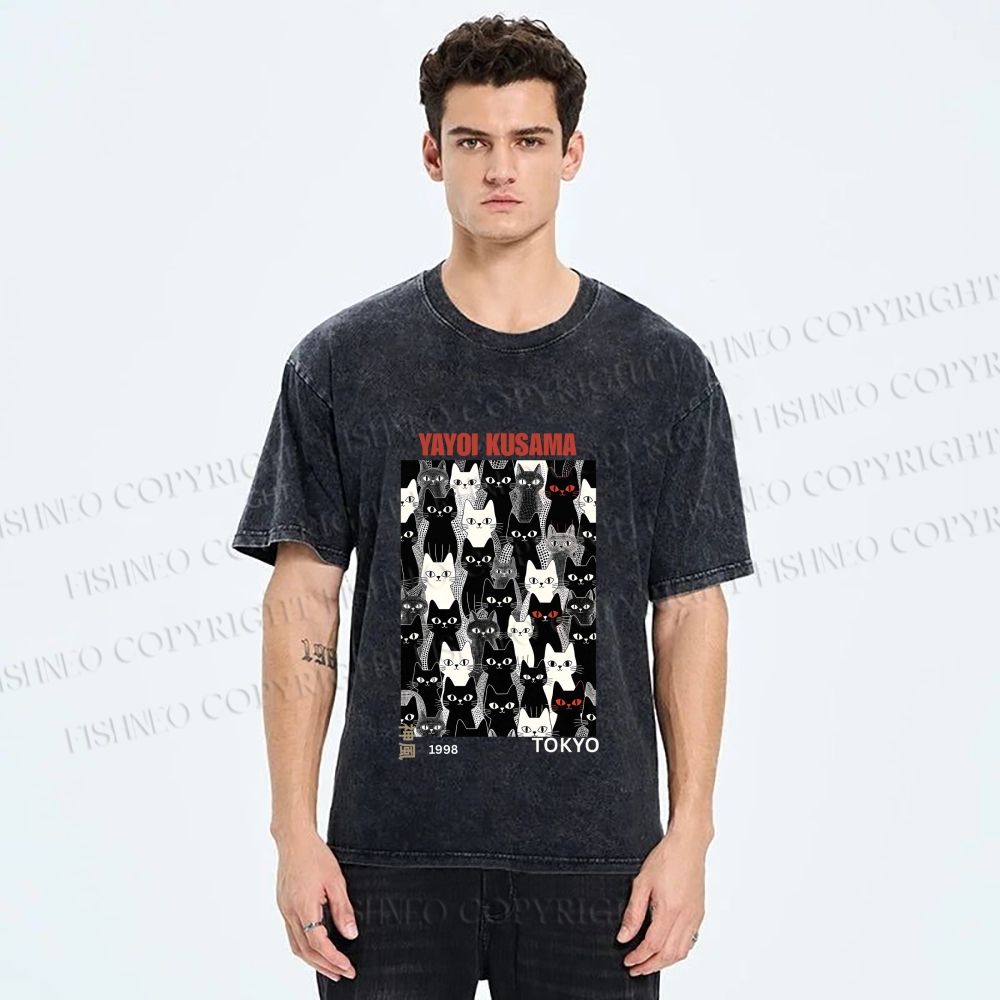 Unisex Yayoi Kusama Cat Printed Washed Tee