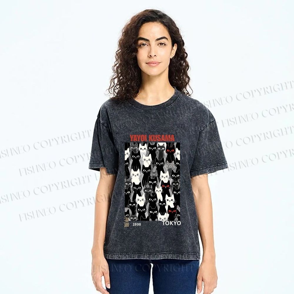 Unisex Yayoi Kusama Cat Printed Washed Tee