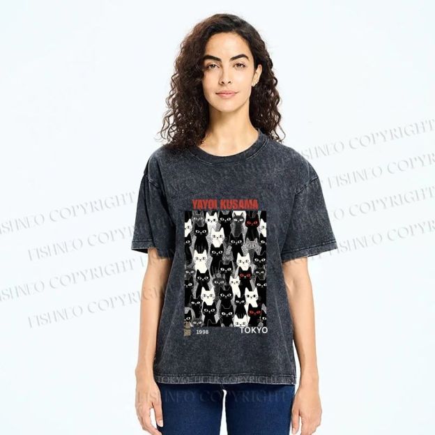 Unisex Yayoi Kusama Cat Printed Washed Tee