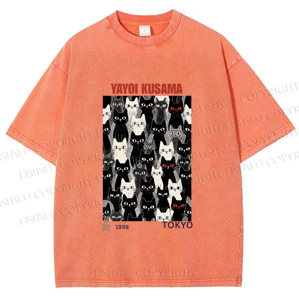 Unisex Yayoi Kusama Cat Printed Washed Tee