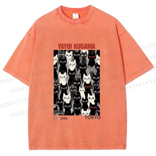 Unisex Yayoi Kusama Cat Printed Washed Tee
