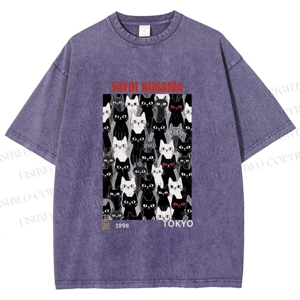 Unisex Yayoi Kusama Cat Printed Washed Tee