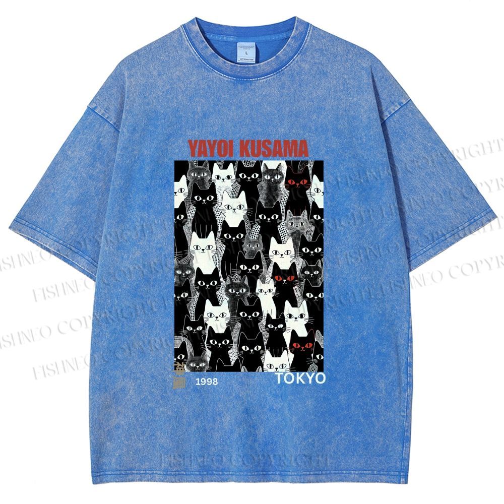 Unisex Yayoi Kusama Cat Printed Washed Tee