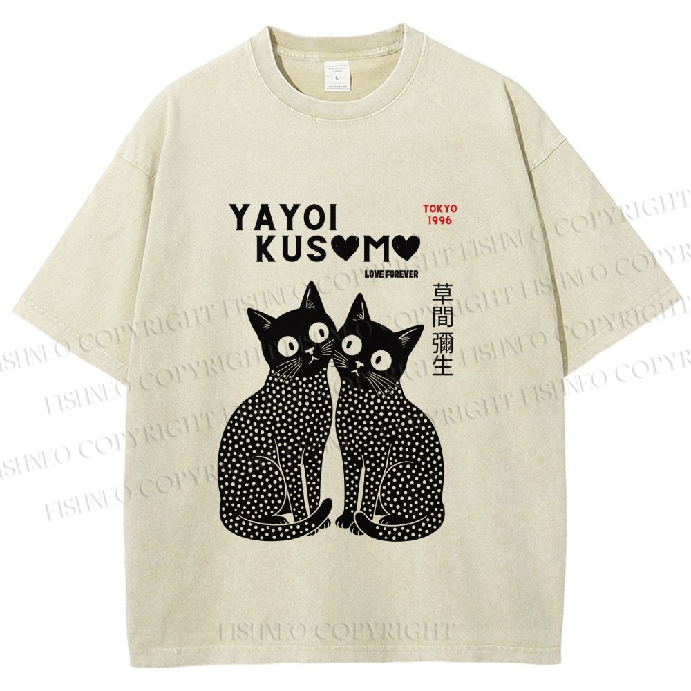 Unisex Yayoi Kusama Cat Printed Washed Tee