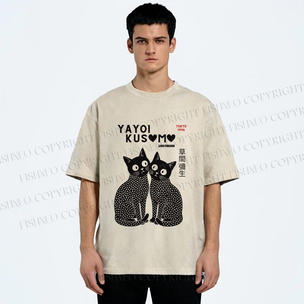 Unisex Yayoi Kusama Cat Printed Washed Tee