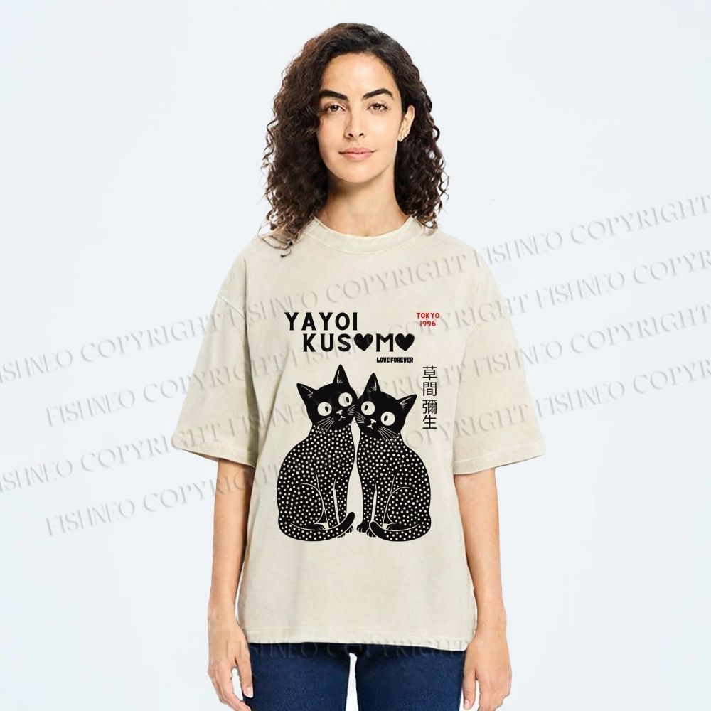Unisex Yayoi Kusama Cat Printed Washed Tee