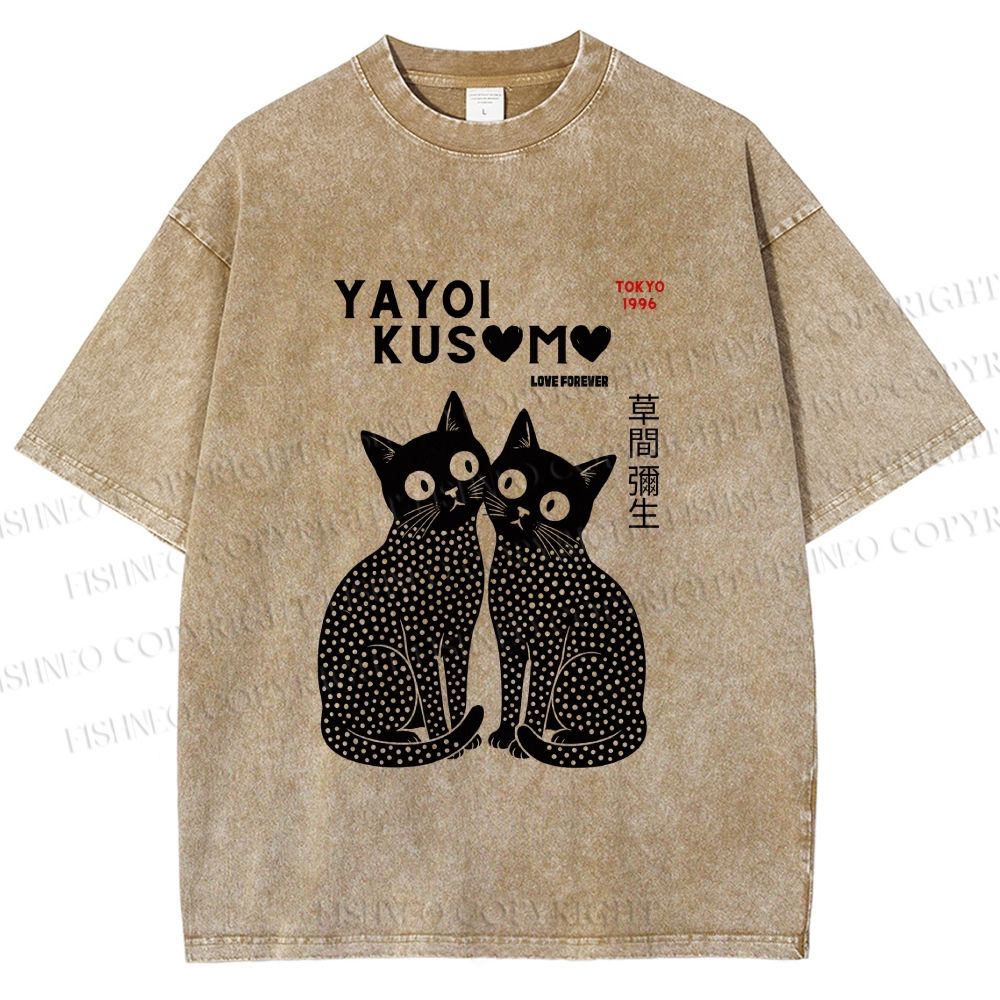 Unisex Yayoi Kusama Cat Printed Washed Tee