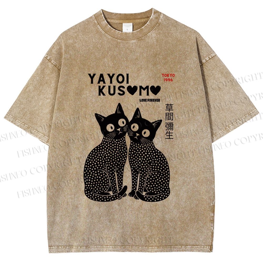 Unisex Yayoi Kusama Cat Printed Washed Tee