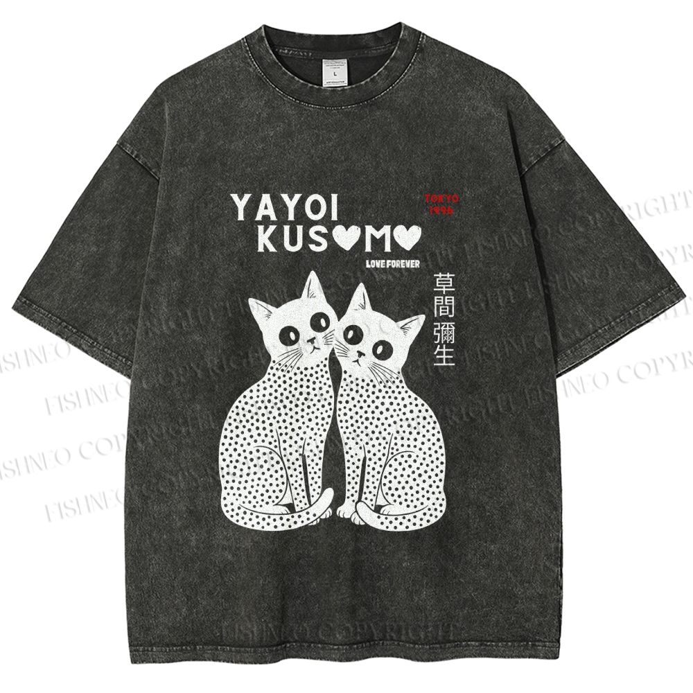 Unisex Yayoi Kusama Cat Printed Washed Tee