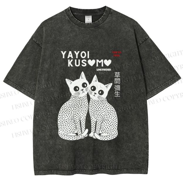 Unisex Yayoi Kusama Cat Printed Washed Tee