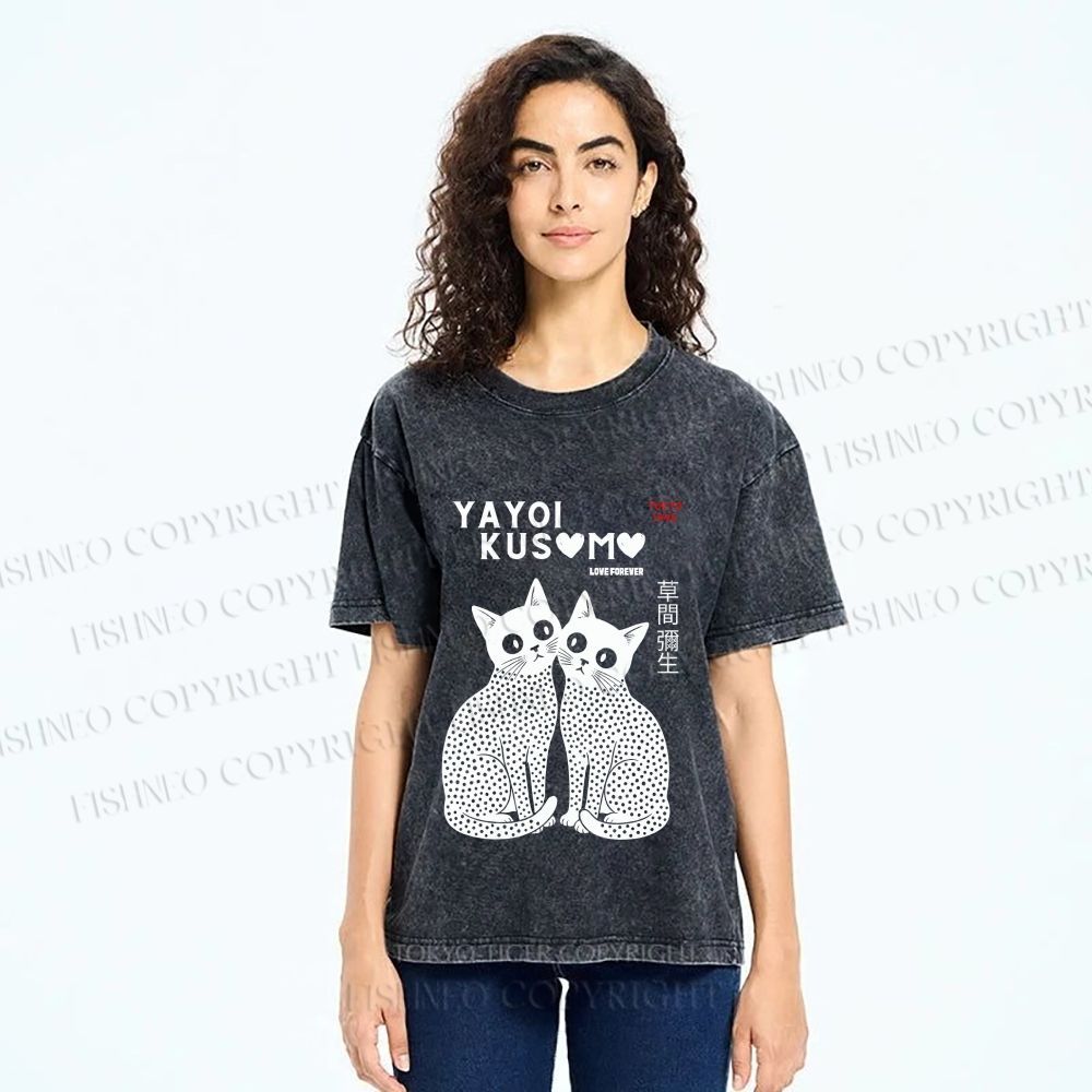 Unisex Yayoi Kusama Cat Printed Washed Tee