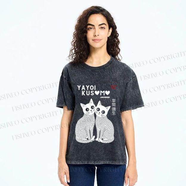 Unisex Yayoi Kusama Cat Printed Washed Tee