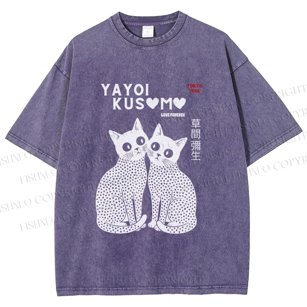 Unisex Yayoi Kusama Cat Printed Washed Tee
