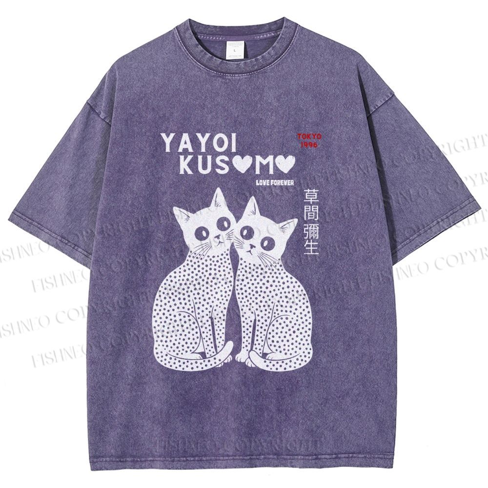 Unisex Yayoi Kusama Cat Printed Washed Tee