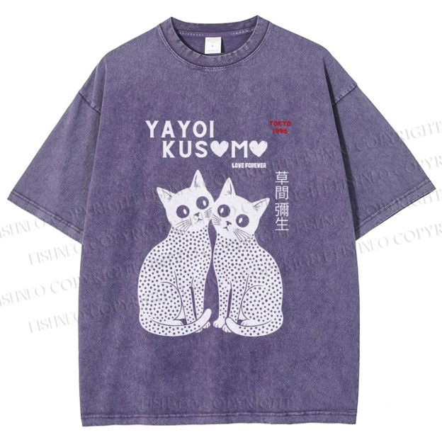 Unisex Yayoi Kusama Cat Printed Washed Tee